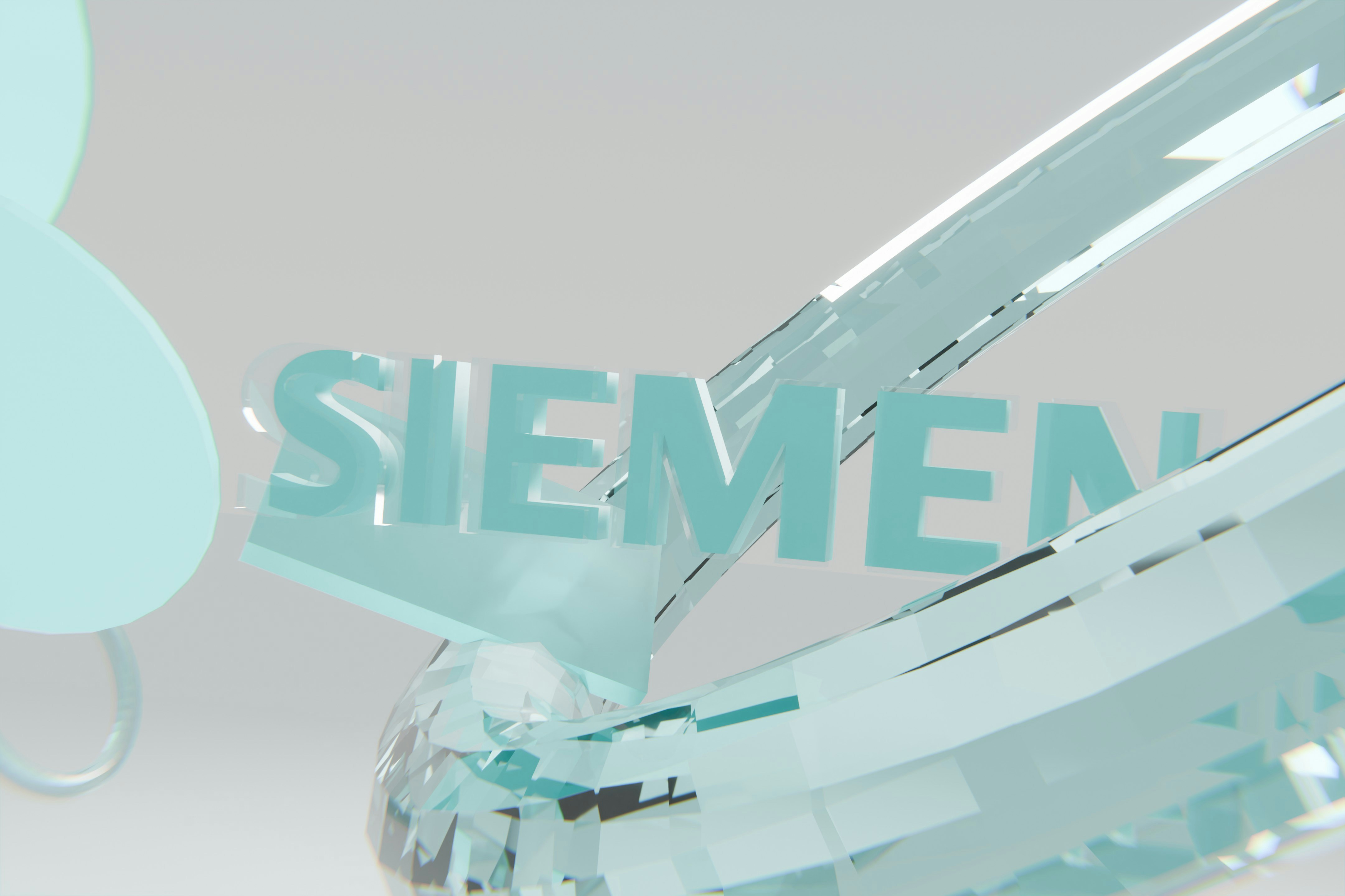 Light blue 3D siemen text with abstract transparent shapes.